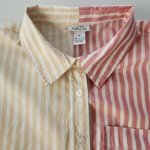 Rue 21 Two-tone Striped Button-Up Shirt in Baby Yellow and Pink